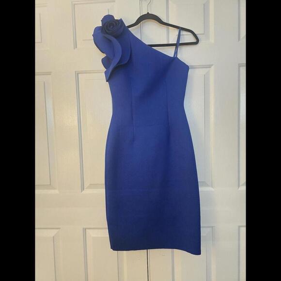Eliza J One Shoulder Sheath Scuba Rose Women Midi Blue Dress Size 4 - Picture 3 of 5